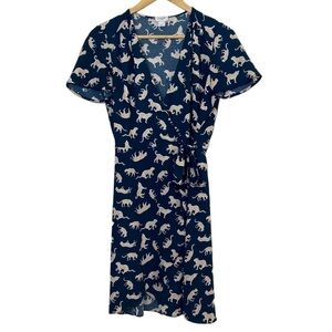J Crew navy blue wrap dress with leopard all over novelty print